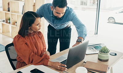 Buy stock photo Business people, manager and teamwork on laptop for office planning, human resources collaboration or management. Professional woman and boss on computer for HR feedback, online advice and support