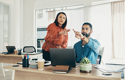 Buy stock photo Team, invisible screen and business people press ui, futuristic and digital in startup office. Hands, man and woman click virtual touchscreen at desk on ux technology, scroll online and collaboration