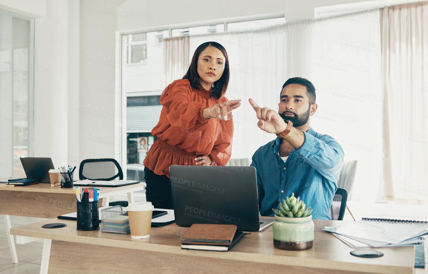 Buy stock photo Team, invisible screen and business people press ui, futuristic and digital in startup office. Hands, man and woman click virtual touchscreen at desk on ux technology, scroll online and collaboration