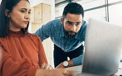 Buy stock photo Creative people, laptop and planning on team project, schedule or strategy together at office. Man and woman employee working on computer for brainstorming, teamwork or ideas in startup at workplace