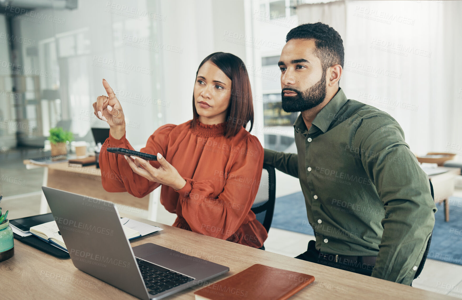 Buy stock photo Invisible screen, team and business people on digital ui, futuristic and phone in startup office. Hands, man and woman press virtual touchscreen at desk on ux tech online, click app and collaboration