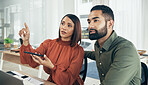 Team, invisible screen and business people press digital ui, futuristic and phone in startup office. Hand, man and woman on virtual touchscreen at desk on ar tech, click app and planning together