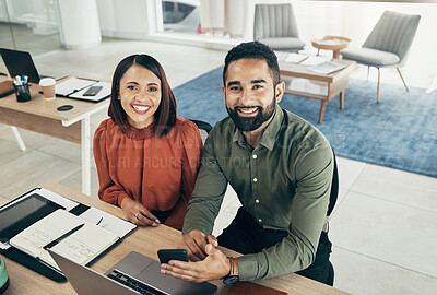 Buy stock photo Portrait of happy business couple in home office, working together and planning startup strategy online. Small business, man and woman at desk with laptop, phone and research notes at digital agency.