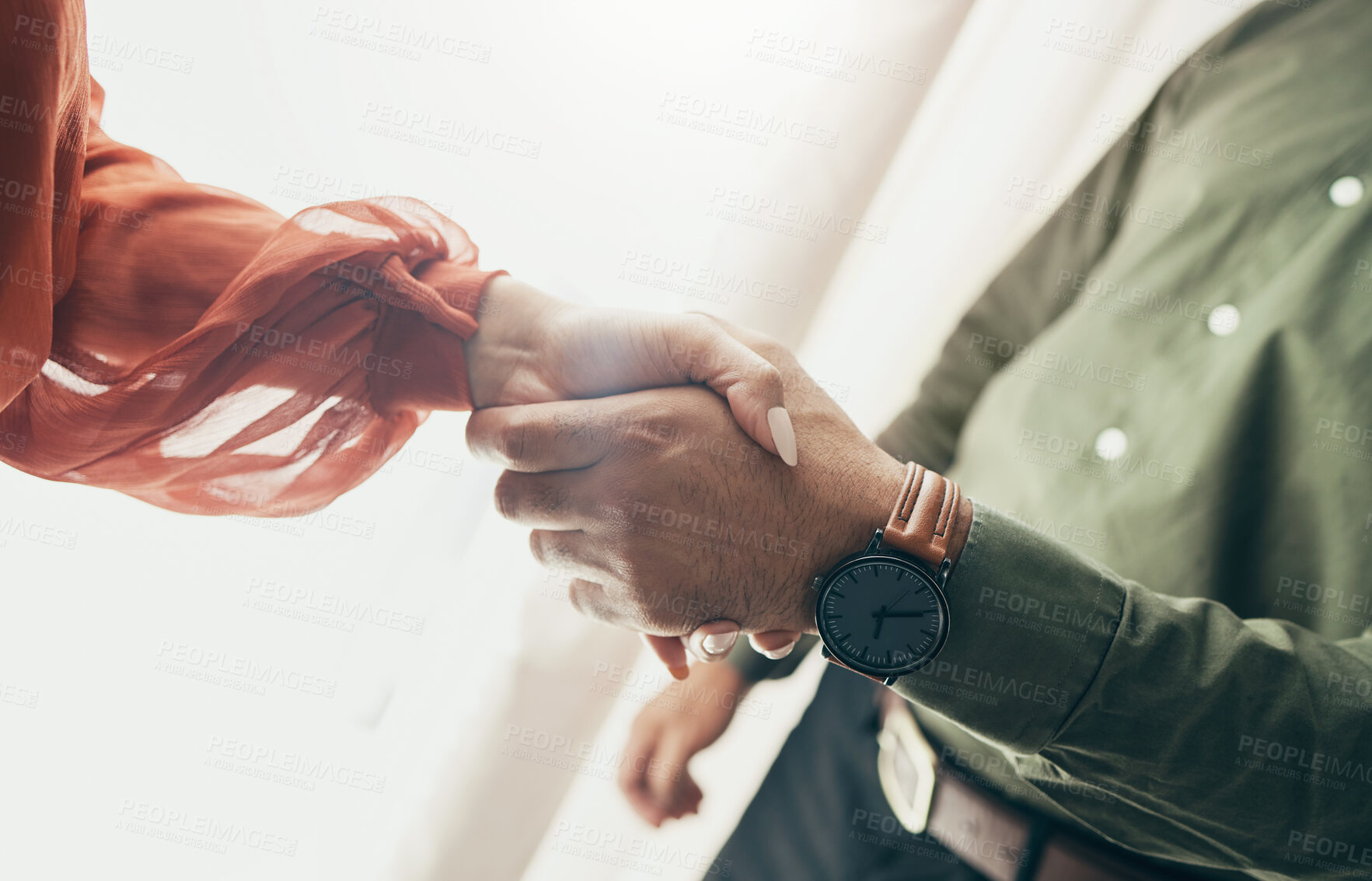 Buy stock photo Business people, handshake and partnership in meeting, b2b deal or teamwork below at office. Low angle of man and woman shaking hands for startup, introduction or thank you in agreement at workplace