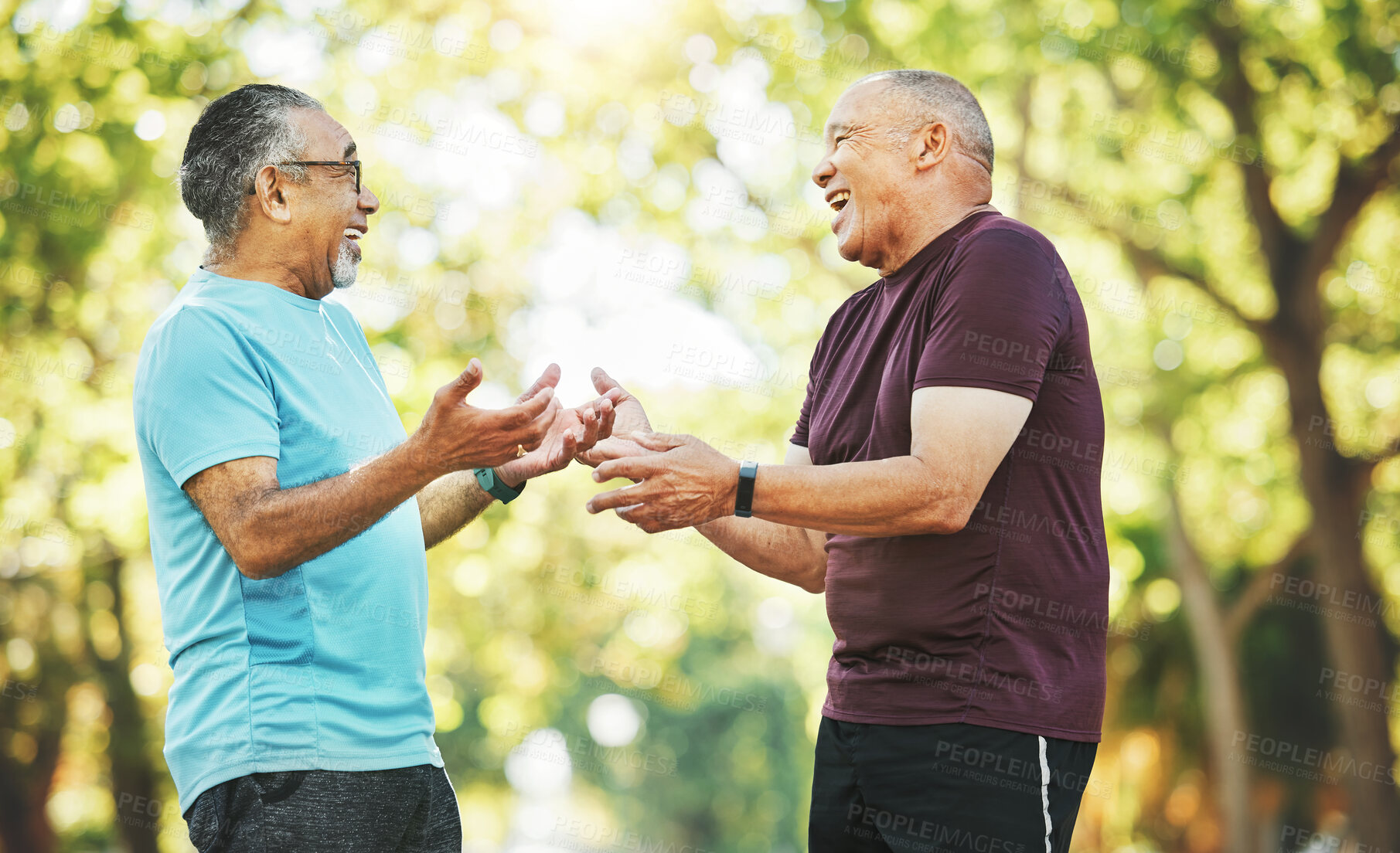 Buy stock photo Fitness, happy and senior men in park for wellness, healthy body and wellbeing in retirement, Friends, talking and mature people with smile, laugh and chat outdoors for exercise, workout and sports