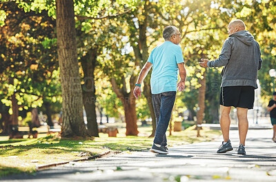 Buy stock photo Fitness, walking and elderly men in park for wellness, healthy body and wellbeing in retirement, Friends, happy and mature people with smile, laugh and talk outdoors for exercise, workout and sports