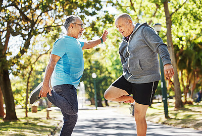 Buy stock photo Senior man, friends and stretching in park for running, exercise or outdoor training together in nature. Mature people in body warm up, leg stretch or preparation for cardio workout or team fitness