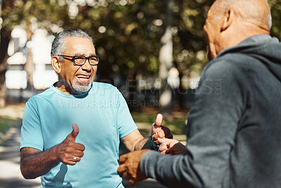 Buy stock photo Fitness, friends and old men in park with thumbs up, smile and motivation on morning exercise together. Yes, energy and agreement, senior people in nature for workout, training and happy retirement