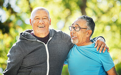 Buy stock photo Portrait, friends and senior men in fitness hug at park outdoor after exercise, workout or training together for healthy body. Face, smile and elderly people embrace for teamwork, trust and support