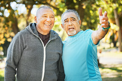 Buy stock photo Senior men, park walking and outdoor view with fitness, training and wellness with friends. Nature, workout and conversation with exercise, retirement and communication of elderly people together