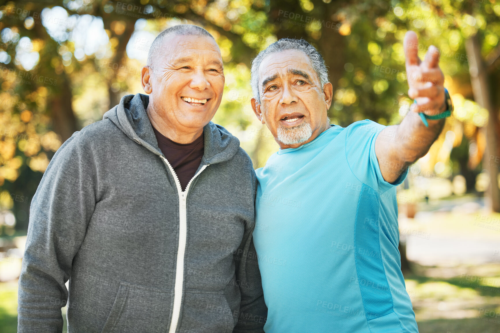 Buy stock photo Senior men, park walking and outdoor view with fitness, training and wellness with friends. Nature, workout and conversation with exercise, retirement and communication of elderly people together