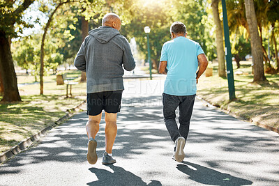 Buy stock photo Friends, walking and senior men in park for wellness, health and wellbeing for energy in retirement, Fitness, workout and back of mature people in nature for exercise, training and cardio together