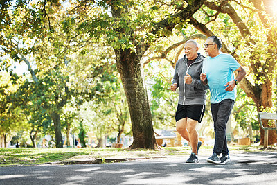 Buy stock photo Senior, men and running for fitness in road of city for wellness, exercise or workout outdoor with smile. Elderly, people and training together in nature or park for health, adventure and happiness