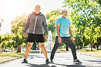 Happy senior man, friends and stretching in nature for workout, training or outdoor exercise together. Mature people in body warm, preparation or getting ready for cardio, running or fitness at park