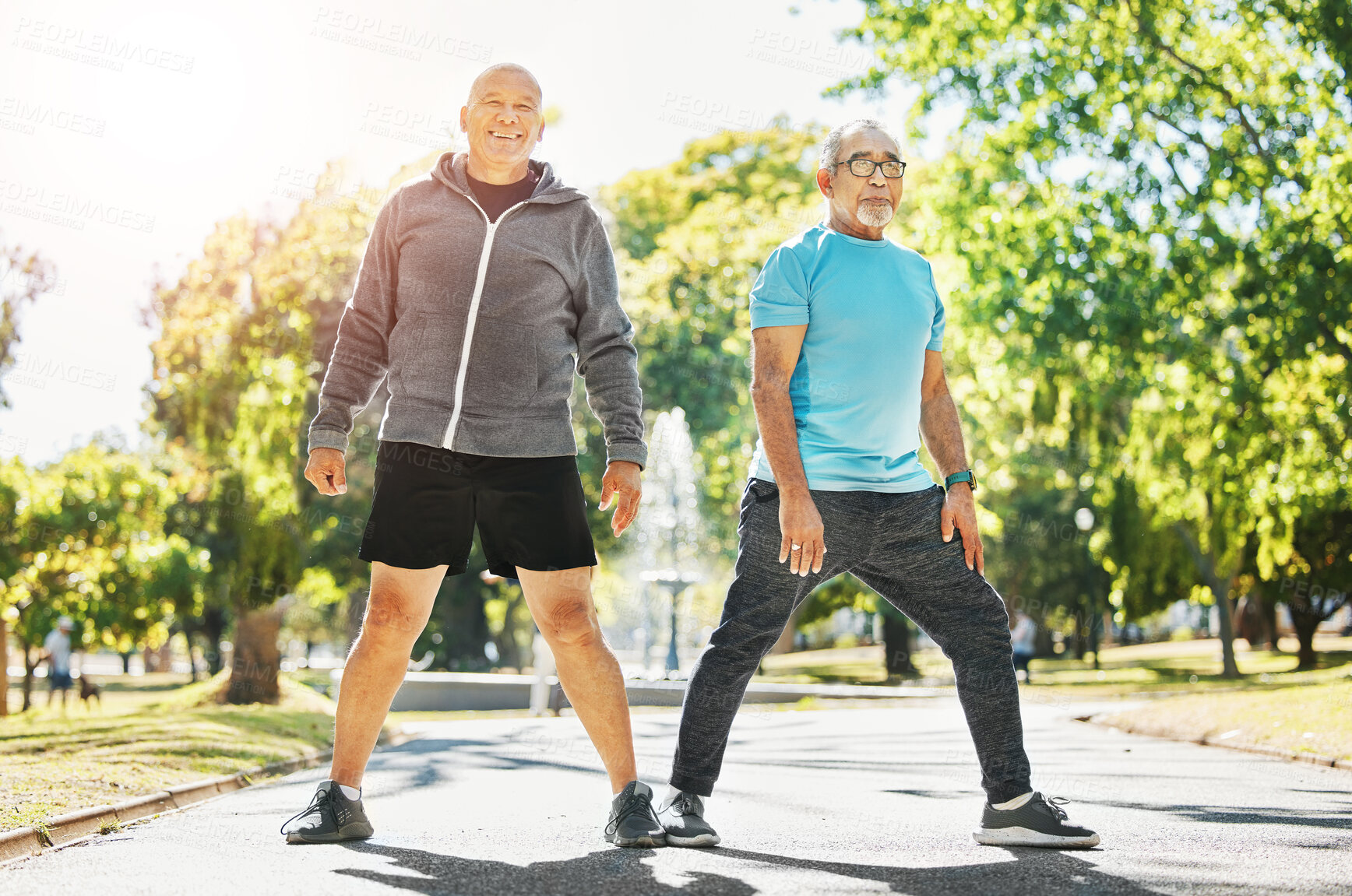 Buy stock photo Happy senior man, friends and stretching in nature for workout, training or outdoor exercise together. Mature people in body warm, preparation or getting ready for cardio, running or fitness at park