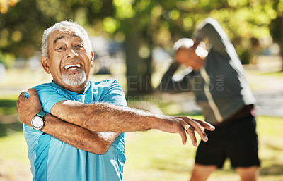 Buy stock photo Senior man, portrait and stretching in fitness for workout, training or outdoor exercise in nature. Happy mature male person in body warm up or arm stretch for preparation, health or wellness at park