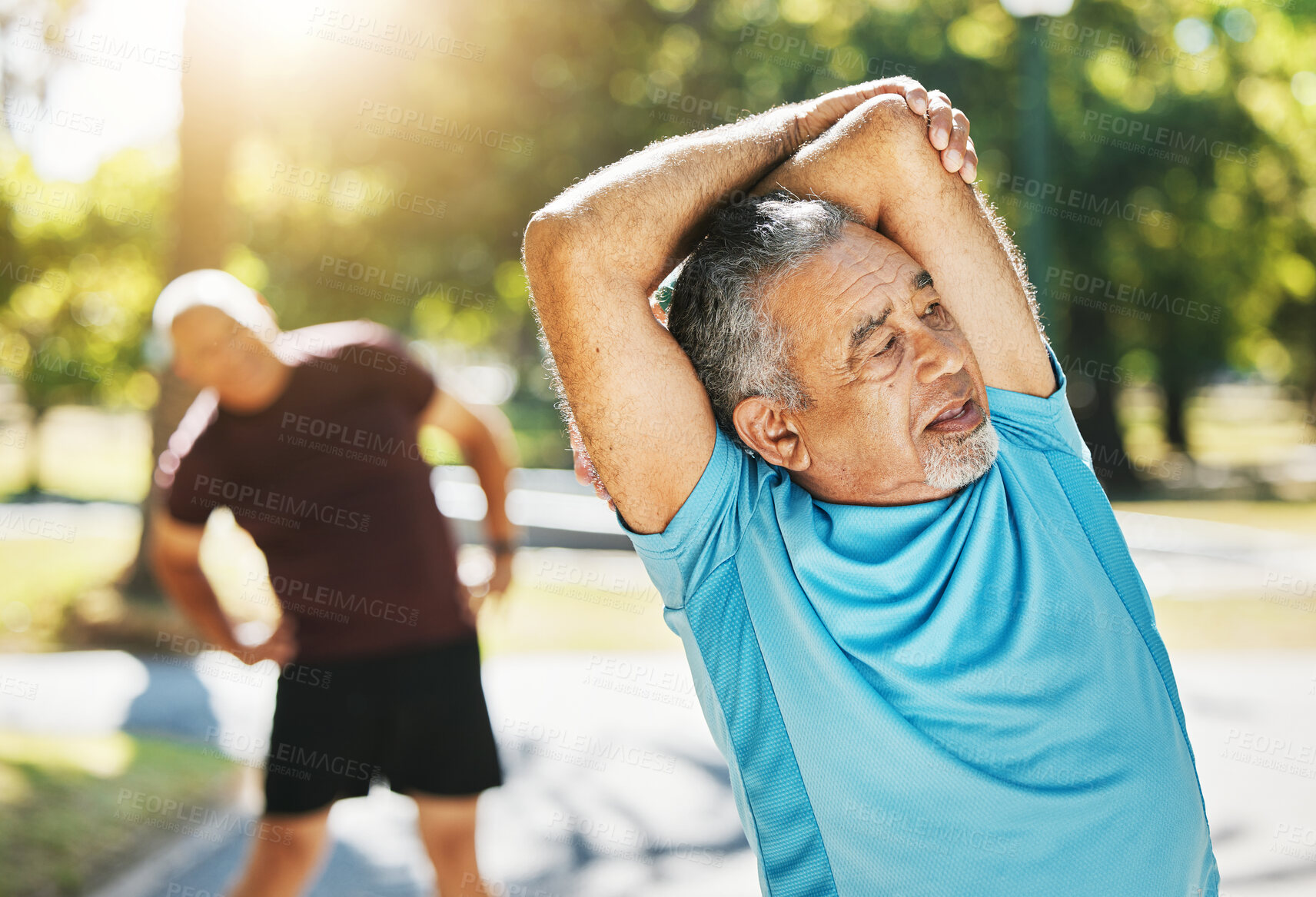 Buy stock photo Old man, stretching and outdoor for fitness health training or energy challenge, wellness for goal. Senior friends, running and park for retirement body workout strength or happy, exercise or sports