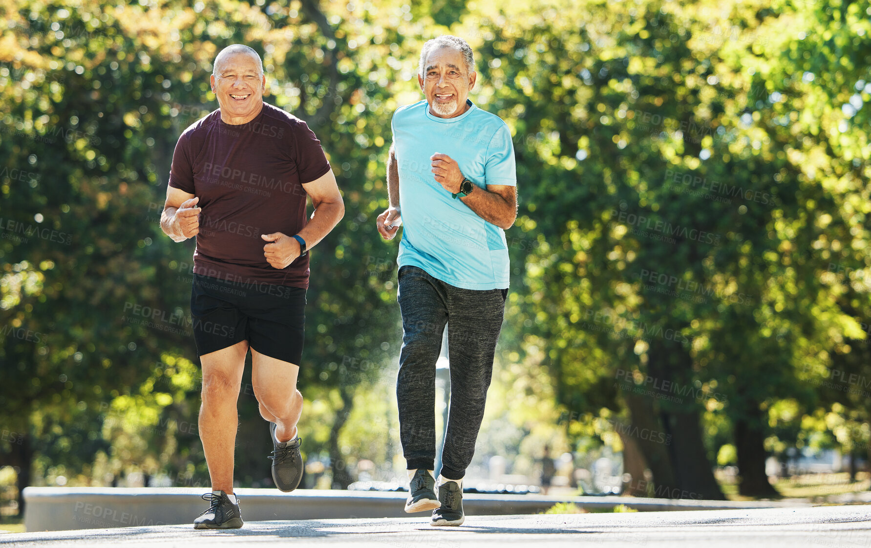 Buy stock photo Elderly, men and running for fitness in road of city for wellness, exercise or workout outdoor with smile. Senior, people and training together in nature or park for health, adventure and happiness