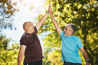 Buy stock photo Senior man, friends and high five in nature for fitness, workout or outdoor exercise together. Happy mature people touching hands in success, teamwork or motivation for training or wellness in nature