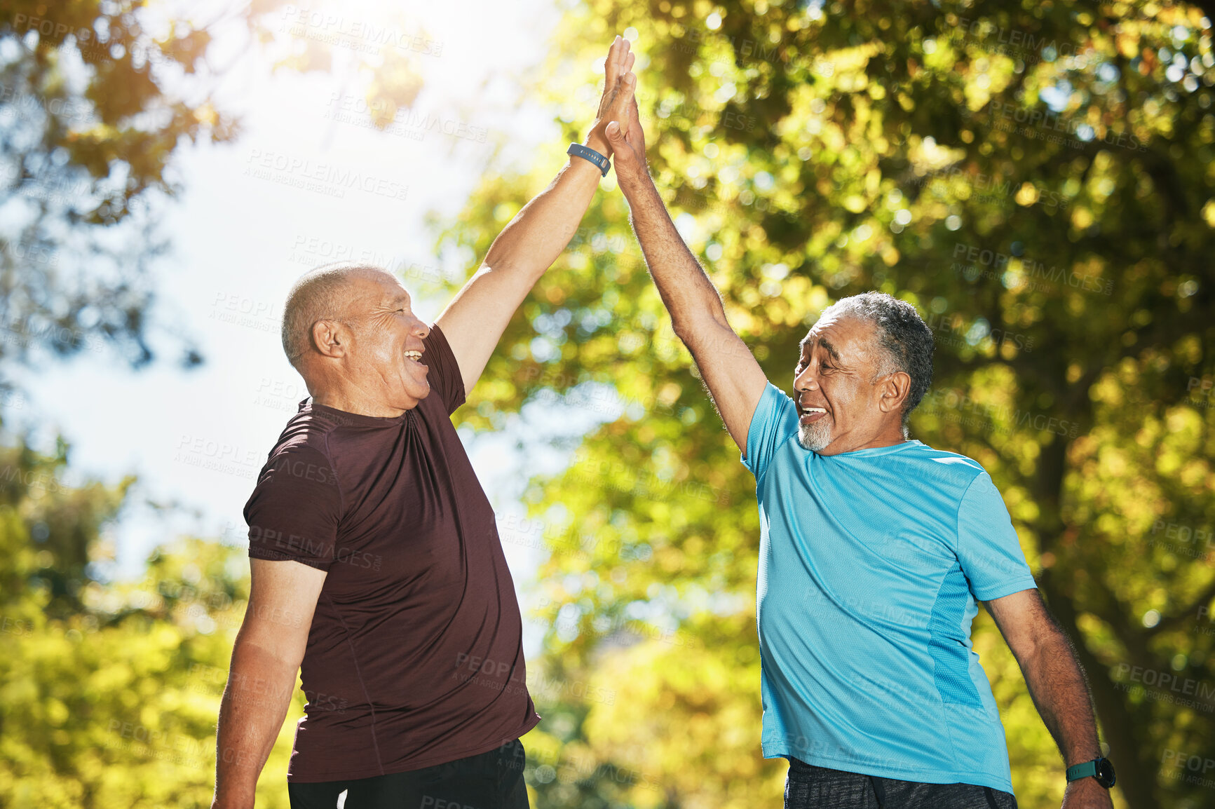 Buy stock photo Senior man, friends and high five in nature for fitness, workout or outdoor exercise together. Happy mature people touching hands in success, teamwork or motivation for training or wellness in nature