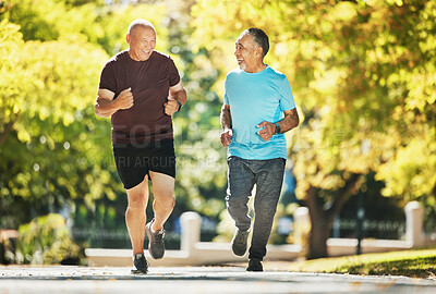 Buy stock photo Elderly, men and running for fitness in street of city for wellness, exercise or workout outdoor with smile. Senior, people and training together in nature or park for health, adventure and happiness