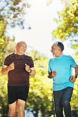 Buy stock photo Senior man, friends and running in nature for healthy exercise or outdoor training together at park. Happy mature people smile in body warm up, run or preparation for cardio workout or team fitness