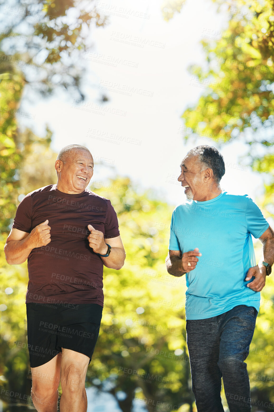 Buy stock photo Senior man, friends and running in nature for healthy exercise or outdoor training together at park. Happy mature people smile in body warm up, run or preparation for cardio workout or team fitness