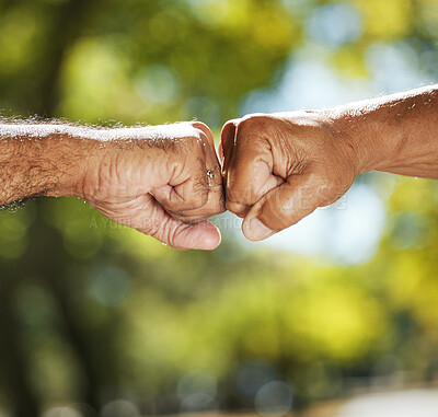 Buy stock photo Man, friends and fist bump in nature for motivation, teamwork or support in trust or unity. Closeup of people touching hands for partnership, friendship or team greeting in deal or agreement at park