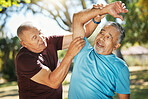 Senior man, friends and stretching at park for workout, exercise or outdoor training together. Mature male person or team in body warm up, arm stretch or preparation for cardio or fitness in nature