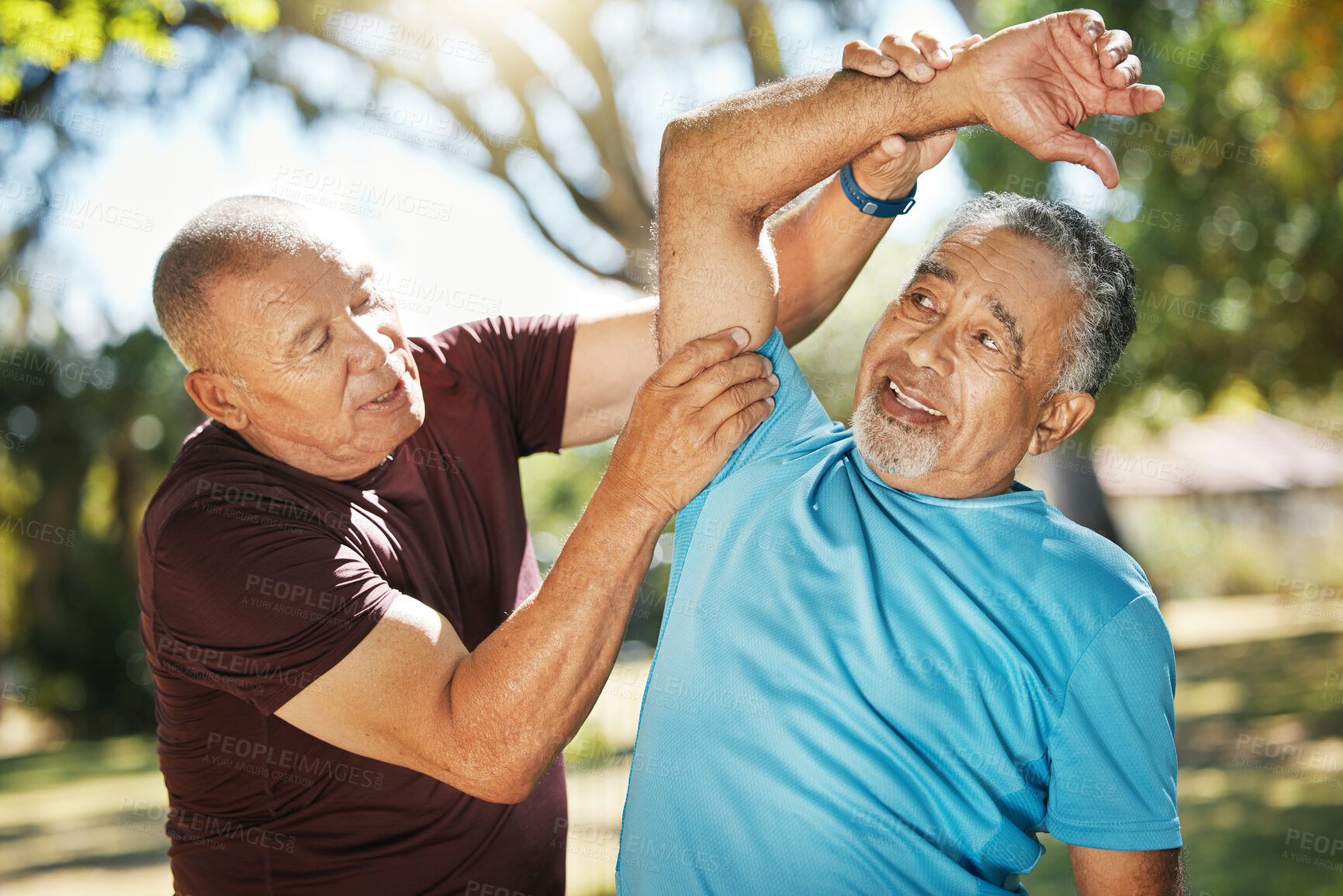 Buy stock photo Senior man, friends and stretching at park for workout, exercise or outdoor training together. Mature male person or team in body warm up, arm stretch or preparation for cardio or fitness in nature