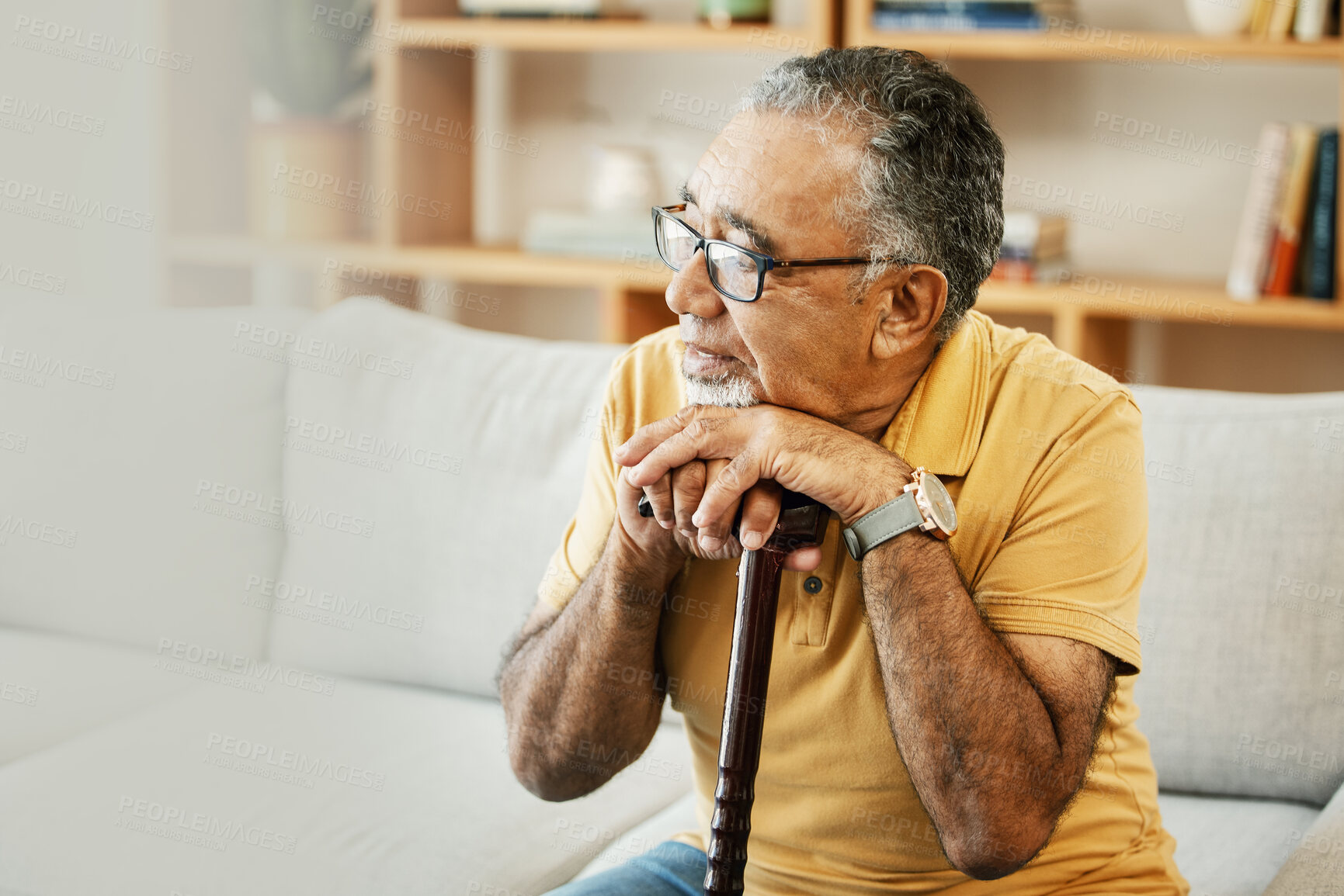 Buy stock photo Mature, man and hands with walking stick for health,  rehabilitation and retirement in nursing home. Elderly, person or grandfather with results for assistance, support and wellness with recovery 