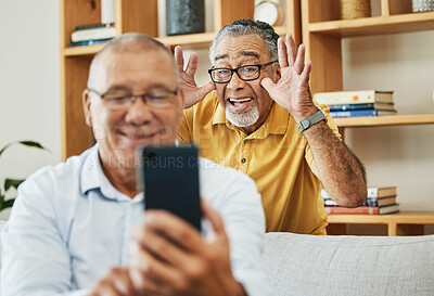 Buy stock photo Funny, selfie and men in a house as friends in retirement for relax, comedy and internet. Happy, together and senior or elderly people with a phone for a photo or video call with a comic gesture