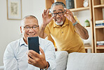 Mature men, friends or smartphone for video call, home or smile on couch in living room, house and happiness. Hands, social media apps and online communication for retirement, conversation and family