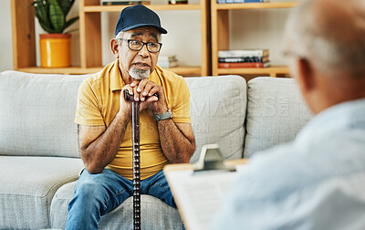 Buy stock photo Doctor, consultation and senior man on sofa with walking stick or discussion of physical therapy and checklist. Therapist, consulting and talking to elderly patient on couch in rehabilitation office