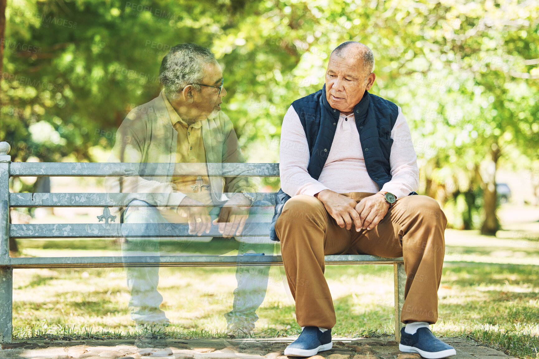 Buy stock photo Depression, death and old man in a park with ghost of a friend, brother or past memory. Nostalgic, presence and senior male with mental health crisis in a forest haunted, lonely or with spirit guide