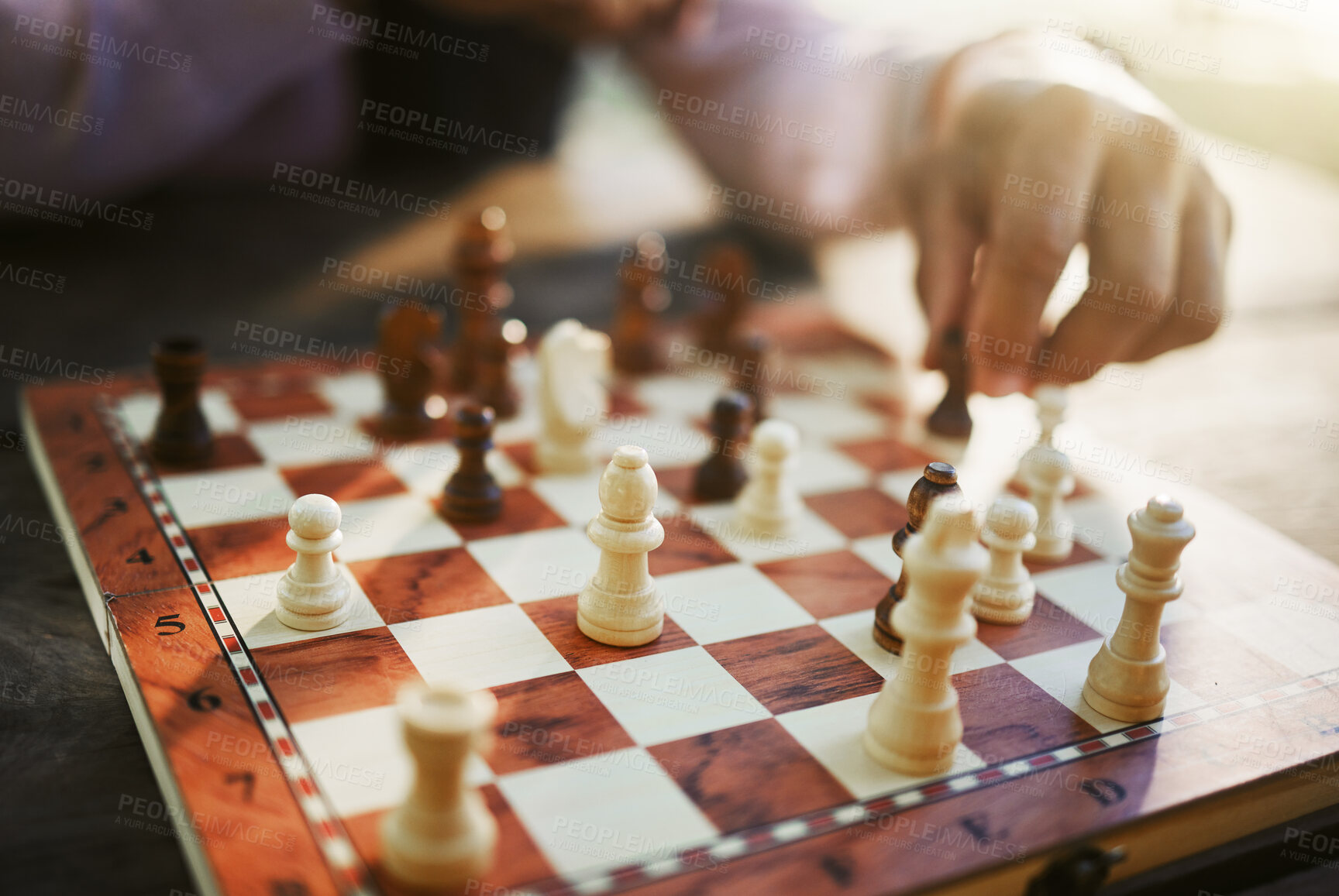 Buy stock photo Hands, chess game and board with strategy in competition or challenge, intelligence and closeup of people playing. Thinking, planning and contest outdoor, concentration on boardgame and recreation