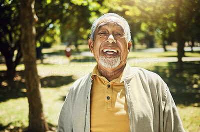 Buy stock photo Happy, senior man and portrait in nature, garden or park with freedom, confidence and wellness in retirement. Relax, face and elderly smile with pride in backyard, environment or holiday in summer