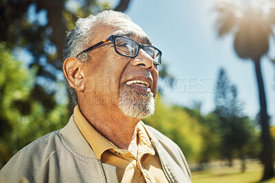 Buy stock photo Happy, thinking and senior man in park, nature and outdoor adventure in retirement, holiday or vacation in sunshine. Elderly person, happiness and smile in summer, forest or woods with wellness