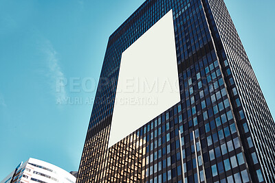 Buy stock photo City building, mockup space and billboard, commercial product or logo design advertising. Empty poster for brand marketing, multimedia and communication with announcement, urban and banner outdoor