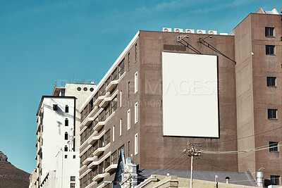 Buy stock photo Building, mockup space and advertising banner, commercial product or logo design in city. Empty poster for brand marketing, multimedia and communication with announcement, urban and billboard outdoor