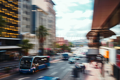 Buy stock photo Busy city, road and cars in motion blur for morning traffic, travel and transportation in CBD. Urban commute, office building and street with bus stop, people on sidewalk and fast journey to work.