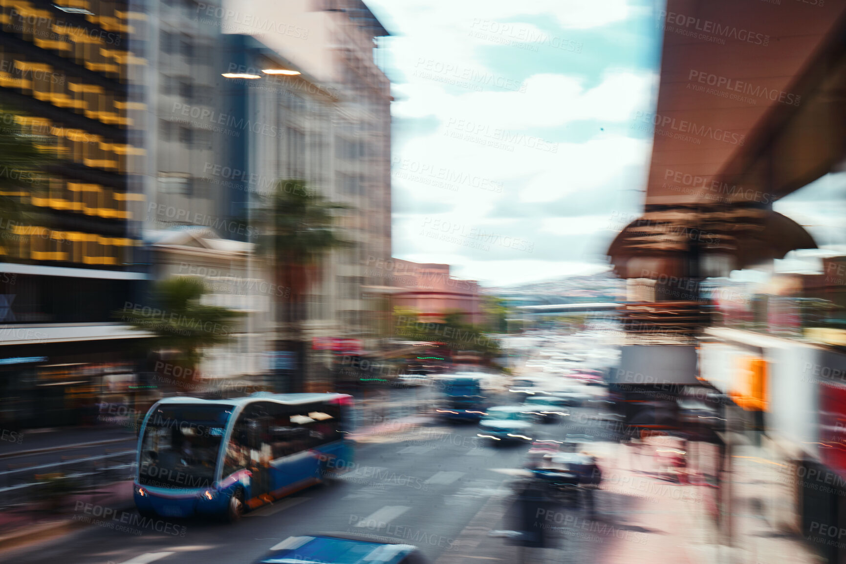 Buy stock photo Busy city, road and cars in motion blur for morning traffic, travel and transportation in CBD. Urban commute, office building and street with bus stop, people on sidewalk and fast journey to work.