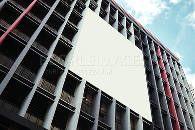 Buy stock photo Office building, wall and empty billboard in city with space for advertising, marketing or promotion in urban cbd. Blank, poster or mockup for announcement banner with information, branding or promo