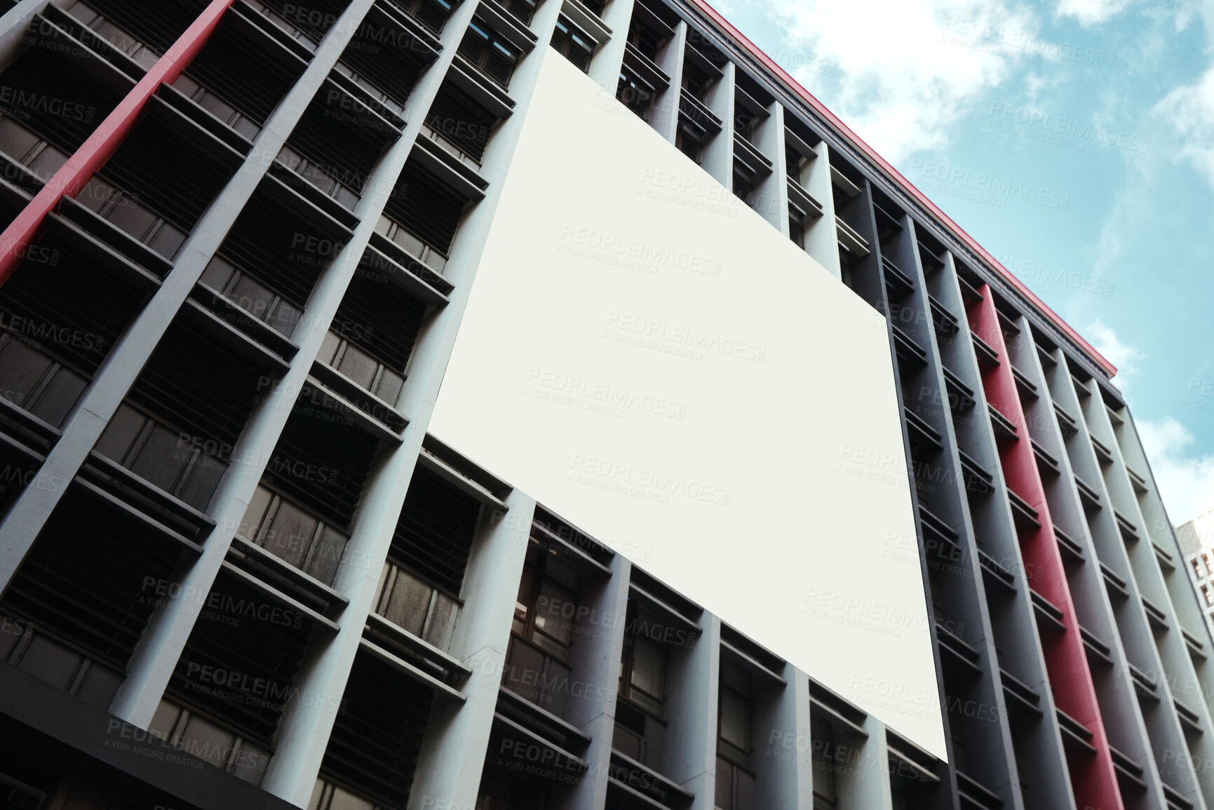 Buy stock photo Office building, wall and empty billboard in city with space for advertising, marketing or promotion in urban cbd. Blank, poster or mockup for announcement banner with information, branding or promo