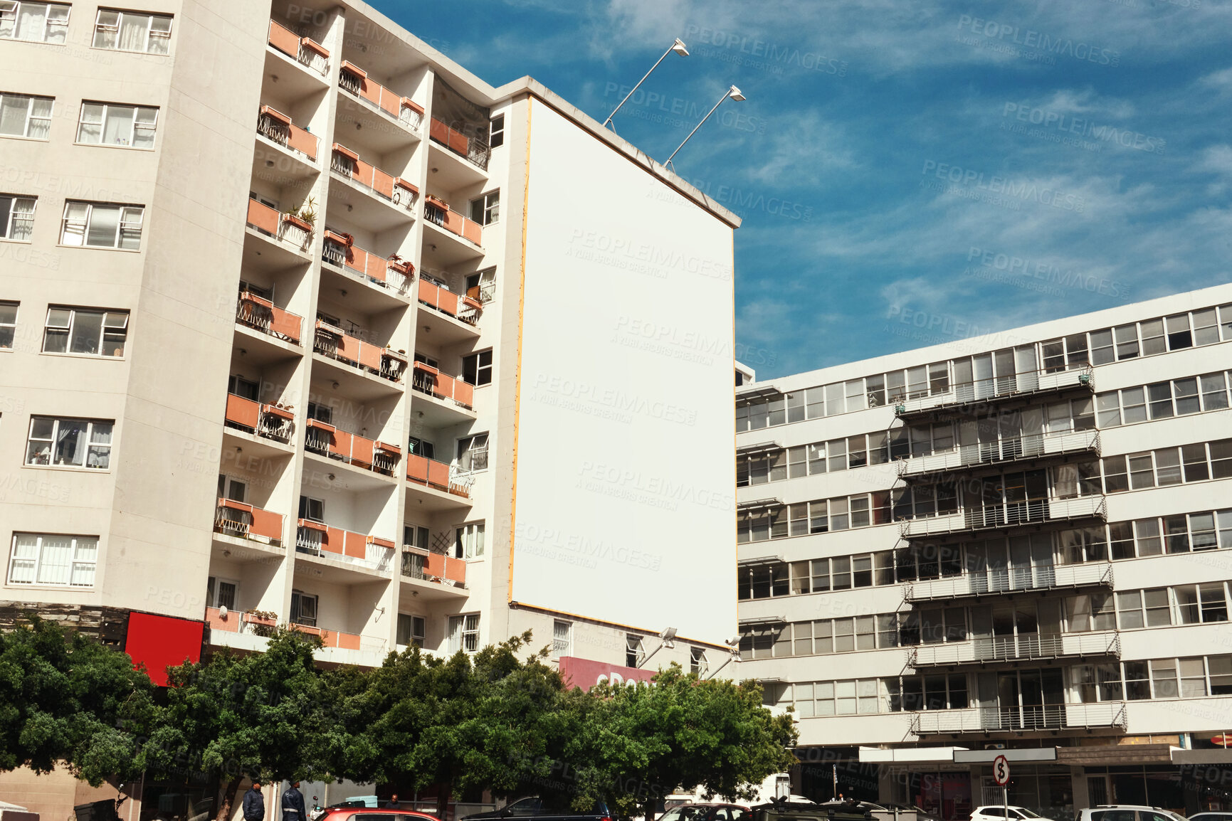 Buy stock photo Building, wall and empty billboard in city with space for advertising, marketing or space on apartment in urban cbd. Blank, post or mockup for announcement banner with information, branding or promo