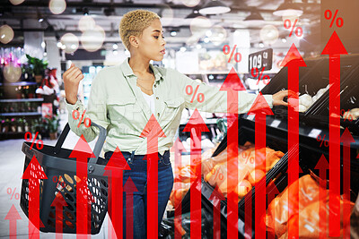 Buy stock photo Woman, grocery store and graphs for shopping inflation, price increase and red arrows overlay for stock or vegetables. African customer in convenience shop or supermarket and food or economy chart