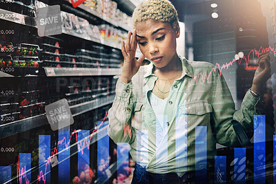 Buy stock photo Woman, grocery shopping and inflation stress, price increase and headache for budget risk, fail or crisis by shelf. African customer in convenience store or supermarket, food cost and charts overlay