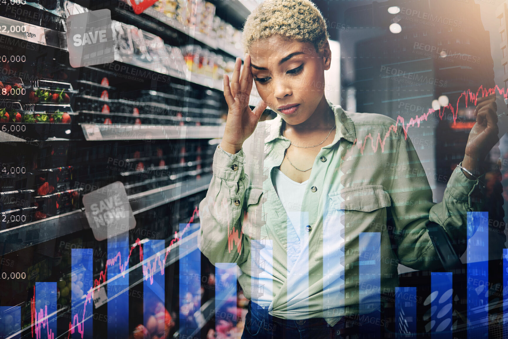 Buy stock photo Woman, grocery shopping and inflation stress, price increase and headache for budget risk, fail or crisis by shelf. African customer in convenience store or supermarket, food cost and charts overlay