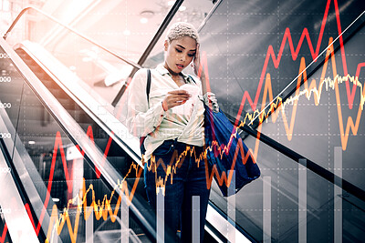 Buy stock photo Inflation, woman and statistics in shopping mall by overlay of price increase, and food impact. Diversity, lady and shopping slip with budget, cost of living and less money for groceries or goods