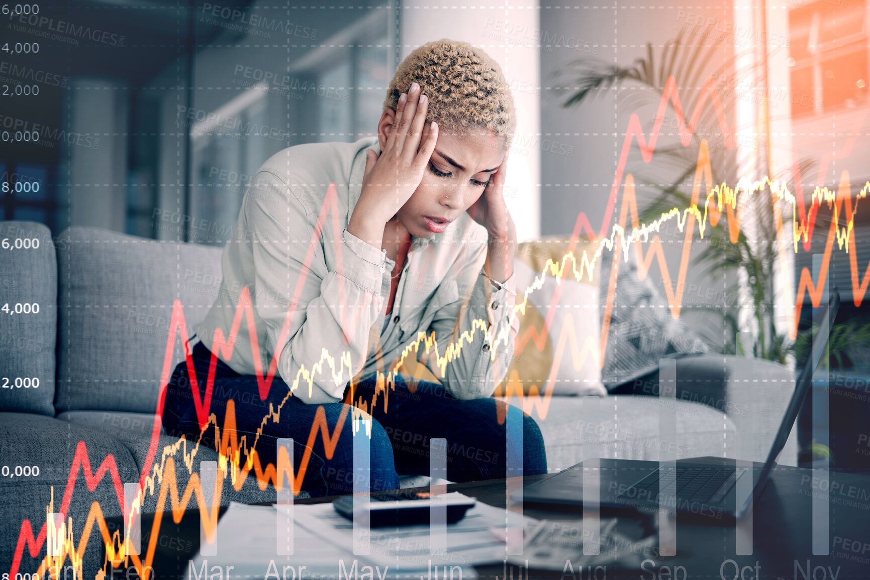 Buy stock photo Woman, overlay and stress of home budget, stock market crash and lines chart, bills or money risk. African person with depression, sad or tired on computer for loan payment, trading or cost of living